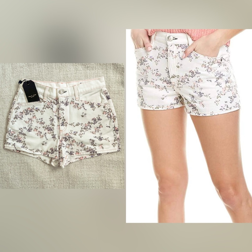 Women’s NWT $185 Rag & Bone Micro Floral Ellie Shorts Size 26 Denim Off-White